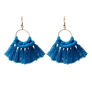 Handmade bohemian blue fringe tassel earrings with golden circular metal hooks