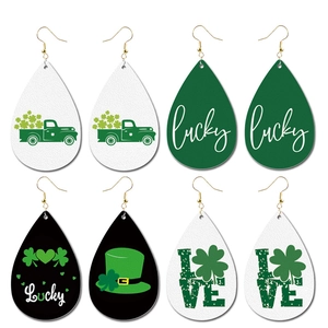 Pendientes de Gota de Cuero de Trébol de Día de San Patricio para Mujer Letra Lucky Estampada Estampado de Leopardo Joyería de Regalo