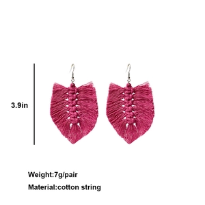 Handmade magenta cotton string fringe earrings with leaf shape and dimensions