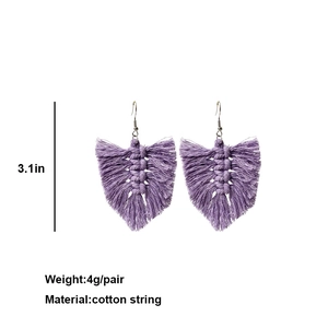 Detail view of purple leaf-shaped cotton string earrings with size and weight info