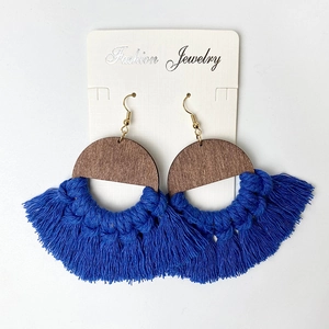 Bohemian handmade macrame fringe earrings with blue cotton tassels and wood accents