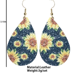 Pendientes bohemios de cuero en forma de gota con diseño de girasol y azul