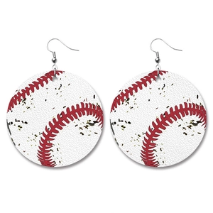 Faux leather baseball pattern teardrop earrings with red stitching and retro vintage finish