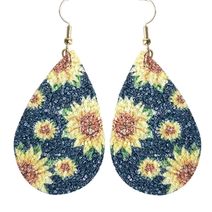 Pendientes bohemios de cuero sintético en forma de lágrima con estampado de girasol