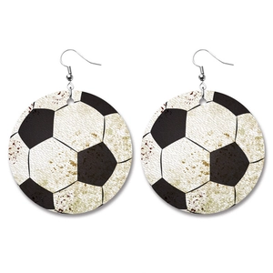 Round soccer ball pattern drop earrings in vintage leather texture with silver hooks