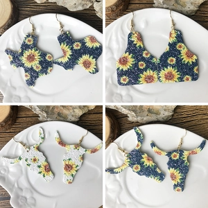 Boho Kunstleder Sonnenblumen Ohrringe Für Damen Western Stil Texas Karte Stierkopf Longhorn Glitzer Muster Ohrhänger