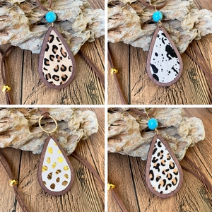 Bohemian Vintage Water Drop Wood Pendant Necklace Women Genuine Leather Cow Leopard Print Turquoise Stone Long Chain Jewelry