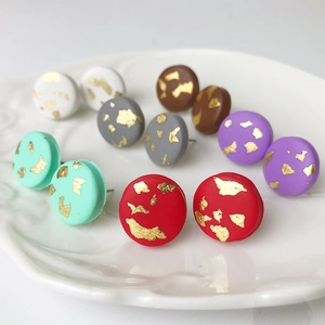 Handmade Polymer Clay Gold Foil Round Stud Earrings Minimalist Geometric Button Earrings For Women Fashion Jewelry
