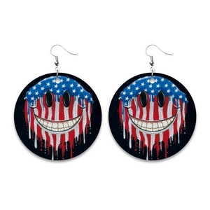 Pendientes de cuero con cara sonriente de bandera americana y diseño de estilo drip