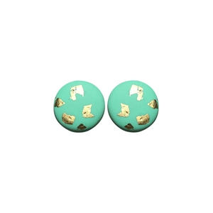 Handmade mint green round clay stud earrings with gold foil accents for women