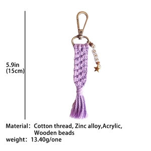 Handmade Macrame LOVE letter and star charm keychain with purple tassel and cotton rope