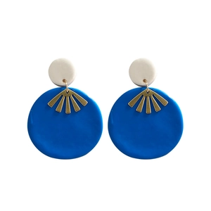 Minimalist geometric clay dangle earrings in royal blue and white with gold accents