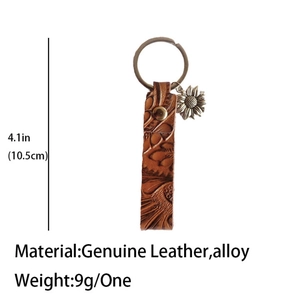 Western sunflower embossed brown leather keychain with bronze ring and sunflower charm