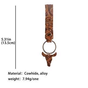 Retro embossed leather keychain with western bull head pendant and sizing details