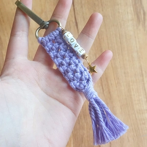 Handmade purple macrame keychain with LOVE beads, star charm and elegant long tassel