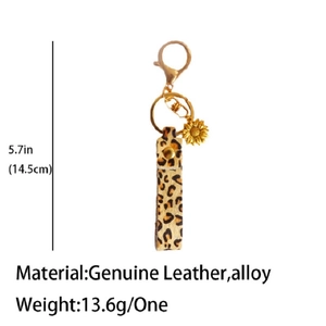 Leopard print genuine leather keychain with sunflower charm and metal spring ring