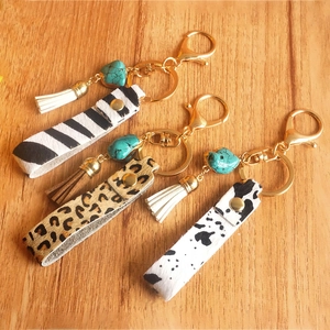 Portachiavi in Vera Pelle con Stampa Animale Boho Nappa Turchese Anello Portachiavi Leopardo Zebra Mucca Ciondolo Borsa Donna Gioielli