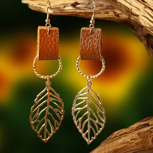 Bohemian Vintage Copper Hollow Leaf Dangle Earrings With Genuine Cowhide Leather Retro Nature Inspired Jewelry Accessory For Women