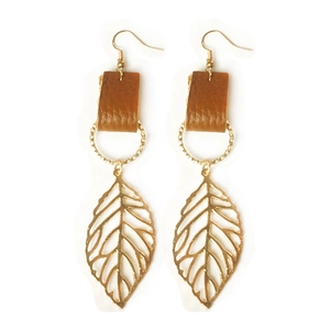 Leaf design dangling earrings with brown leather and golden metal accents for women
