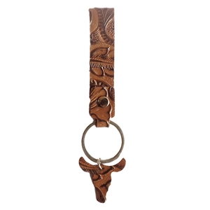 Western style brown embossed leather keychain with floral patterns and a bull head pendant