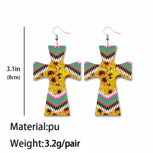 Retro Western cowboy sunflower PU leather earrings with geometric ethnic cross patterns