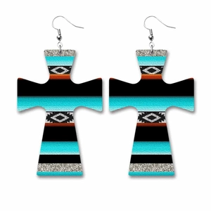 Western cowboy style cross earrings with turquoise geometric patterns and silver glitter
