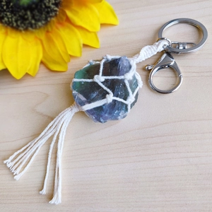 Handmade bohemian keychain with raw fluorite crystal and white woven cotton tassel charm