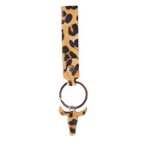 Western style handmade leopard print leather keychain with a bull head charm and gold ring
