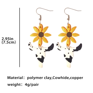 Sunflower and cow print cowhead polymer clay earrings with cowhide detail, 7.5cm drop
