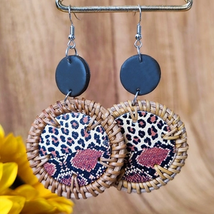 Bohemian Woven Rattan Polymer Clay Earrings Leopard Zebra Animal Print Copper Hook Drop Earrings For Women Ethnic Jewelry