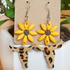 Detail of sunflower and leopard print cow head earrings on cardstock packaging