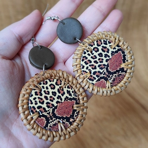 Bohemian handmade rattan earrings with leopard and red snake print in a round drop design
