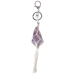 Natural purple amethyst raw stone keychain with handmade woven cord and long tassel