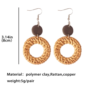 Bohemian handmade rattan and polymer clay drop earrings with dimensions and weight info