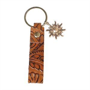 Western-Style Schlüsselanhänger aus geprägtem Leder mit Sonnenanhänger am Metallring