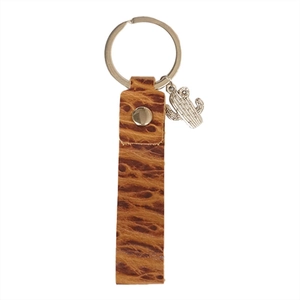 Portachiavi in pelle marrone goffrata stile western con ciondolo cactus e anello argento