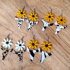 Western bohemian sunflower and cow head earrings set with animal print patterns