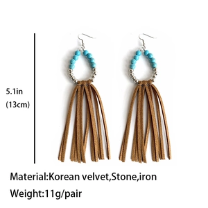 Bohemian style long turquoise bead earrings with 5.1 inch brown fringe tassels