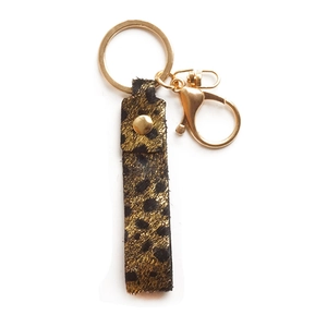 Handmade leopard print genuine leather keychain with golden ring and lobster clasp