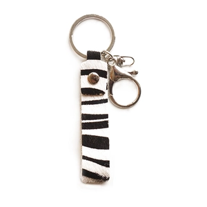 Handmade zebra print genuine leather keychain with silver lobster clasp and ring pendant