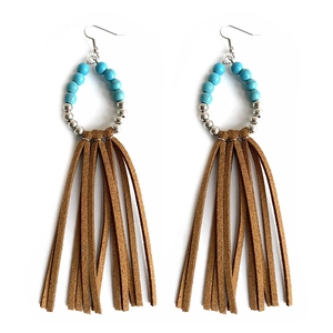 Bohemian fringe earrings with turquoise beads and long brown leather tassels