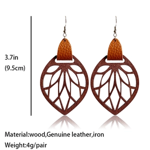 Detail view of leaf-shaped wood and leather earrings with size and weight specs