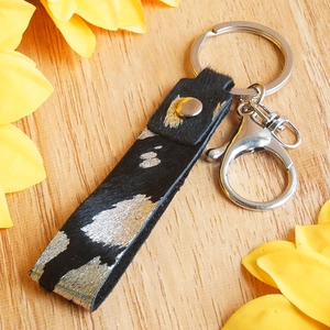 Handmade leather keychain with black silver foil calf hair and large silver keyring