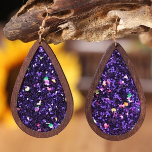 Halloween teardrop wood earrings with purple glitter and golden fish hooks for women