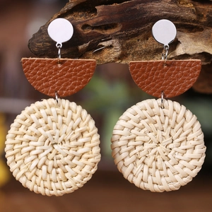 Bohemian rattan drop earrings with brown leather and silver studs for vacation