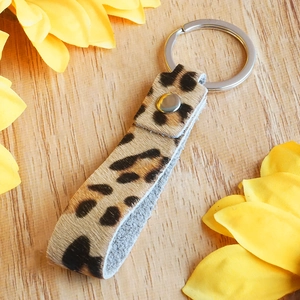 Leopard print genuine leather keychain with horsehair texture and silver metal ring