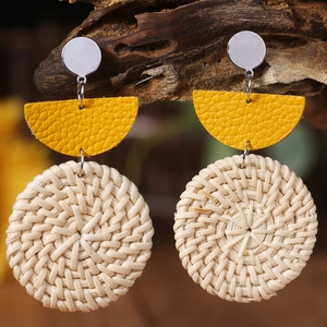 Bohemian Rattan Woven Drop Earrings Iron Real Leather Patchwork Geometric Vacation Style Handmade Jewelry For Women Daily