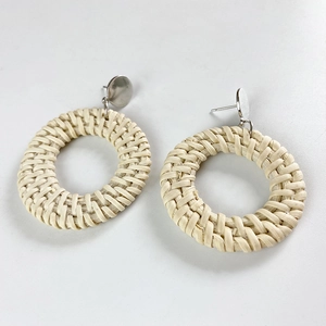 Minimalist round rattan drop earrings with silver metal studs in natural weave style