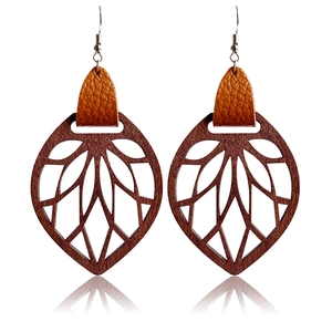 Retro bohemian style hollowed wooden leaf earrings with brown leather accents