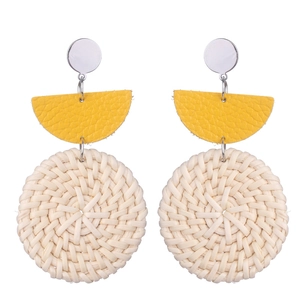 Bohemian style woven rattan drop earrings with yellow leather accent and metal stud